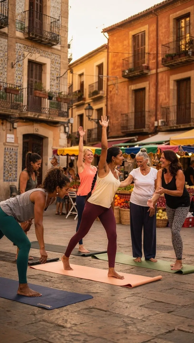 Grupo diverso de personas practicando yoga en un parque, creando un ambiente inclusivo.