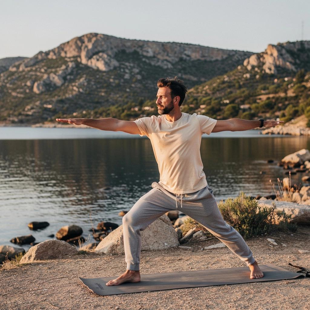 Hombre meditando en un entorno tranquilo, rodeado de naturaleza, reflejando paz interior.