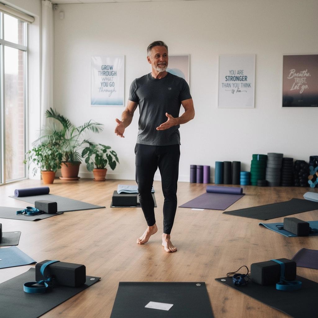 Un instructor guiando a los estudiantes en una sesión de yoga, promoviendo empoderamiento.
